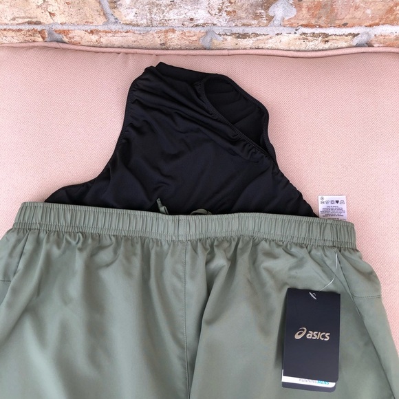 Asics Woven Green Running Shorts - 7”, Built-In Briefs Mens Size L - Picture 7 of 15